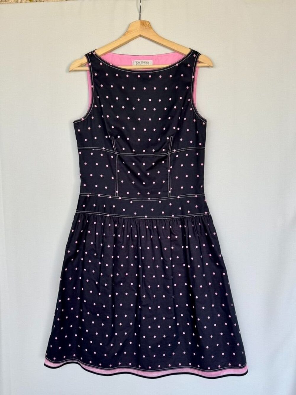 90s Vintage Kay Unger Black Pink Polka Dot Boat Neck Drop Waist Midi Dress Sz 10